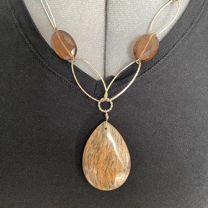 Amber Colored Stone Necklace with pastel Beads. Gold Tone